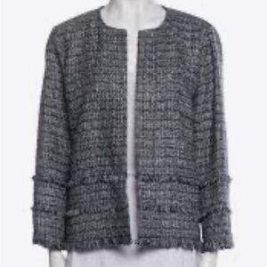 Lafayette 148 New York Black and Gray Tweed Fringe Open Jacket